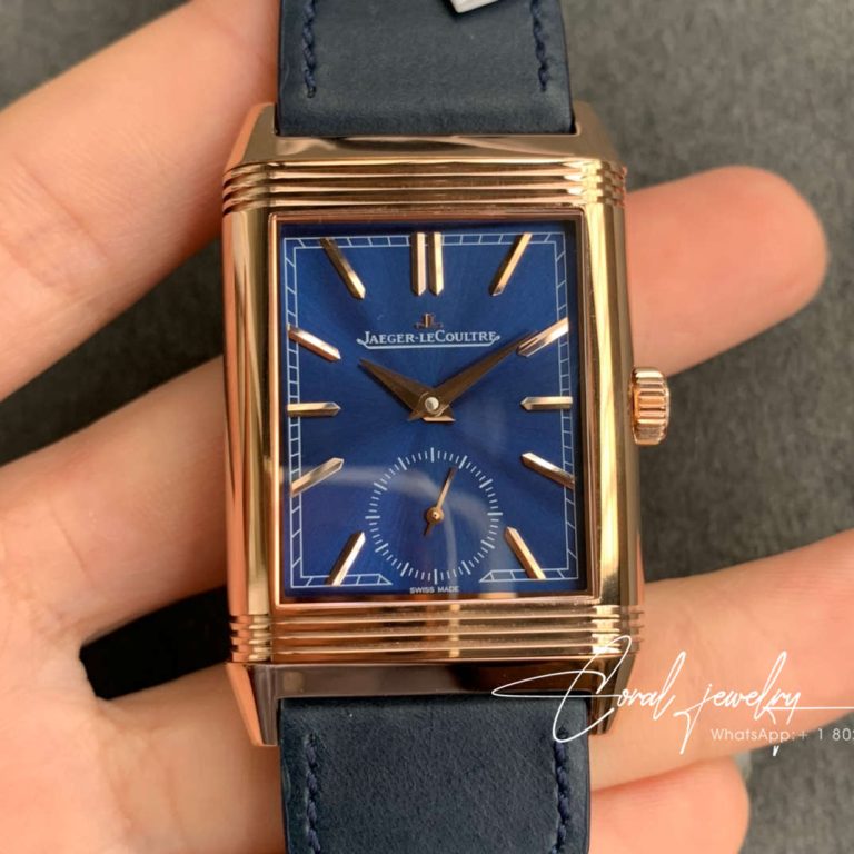 Replica Jaeger Lecoultre Reverso Tribute Double Sided Double Time Zone Flip Mg Factory Rose Gold Blue Dial (1)