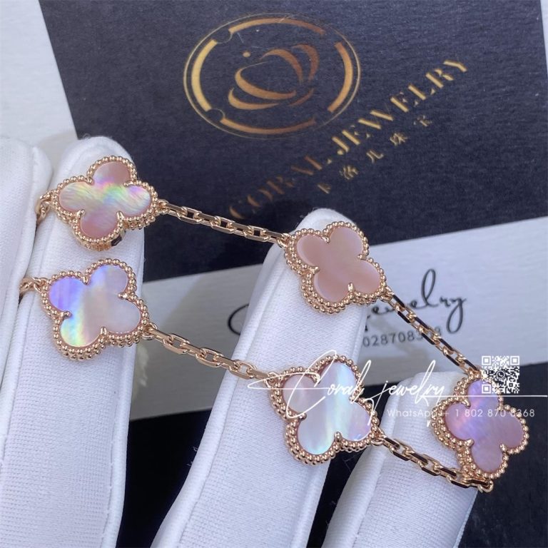 Van Cleef & Arpels Vintage Alhambra 5 Motif 18k Rose Gold Pink Mother Of Pearl Bracelet (3)