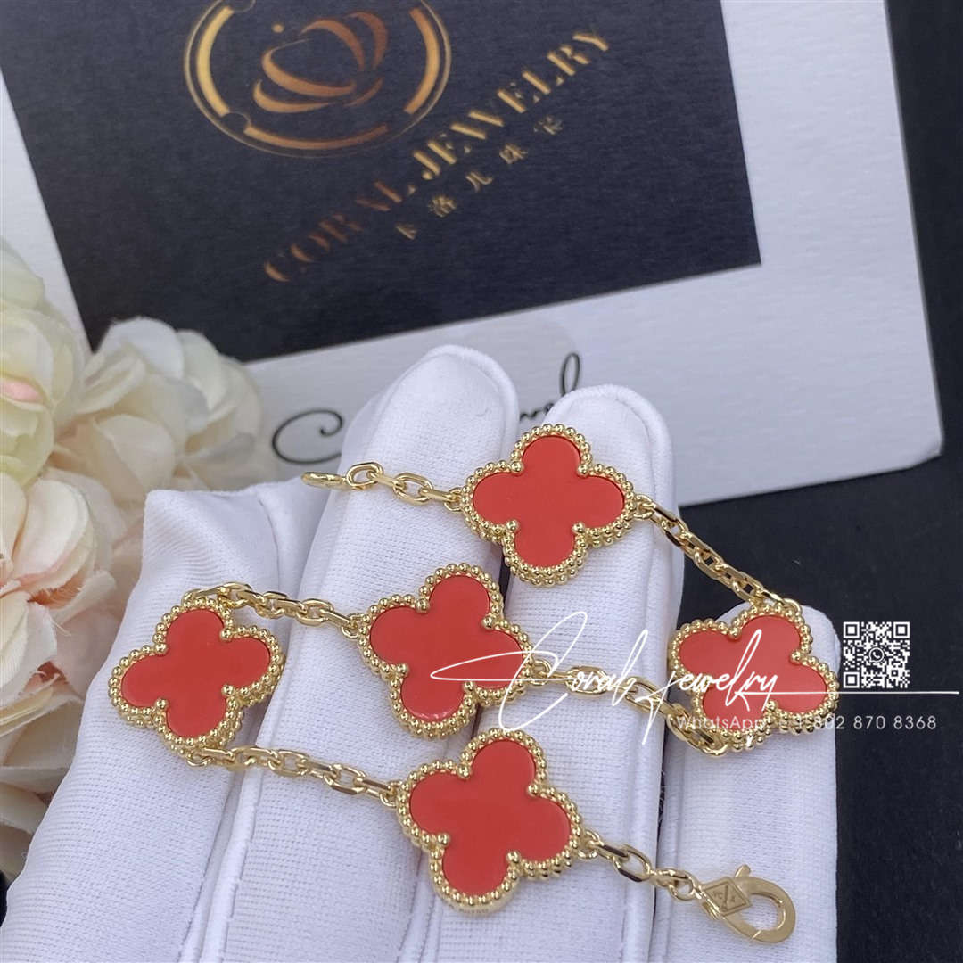 Van cleef & arpels vintage alhambra 5 motif 18k yellow gold coral bracelet (3)