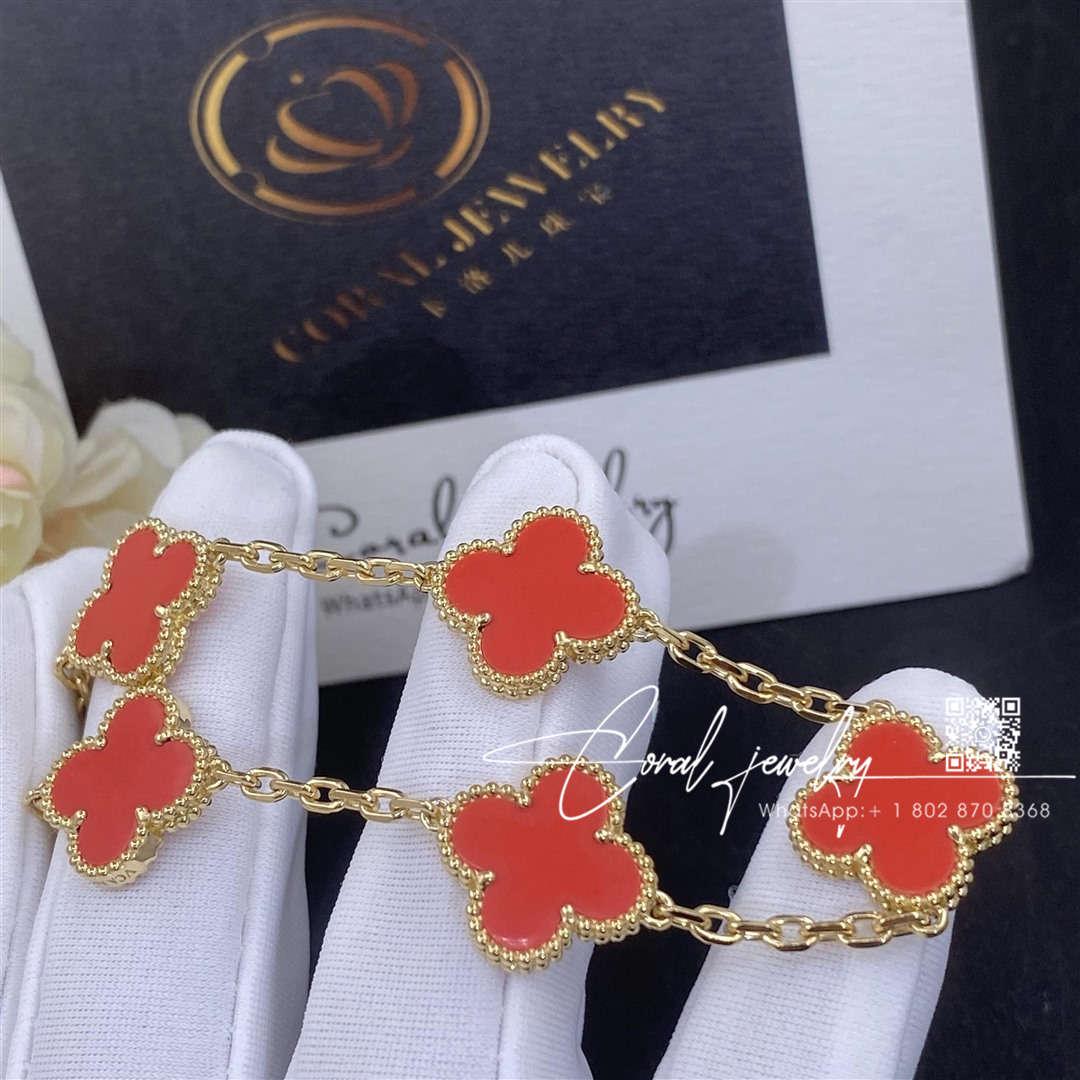 Van cleef & arpels vintage alhambra 5 motif 18k yellow gold coral bracelet (5)
