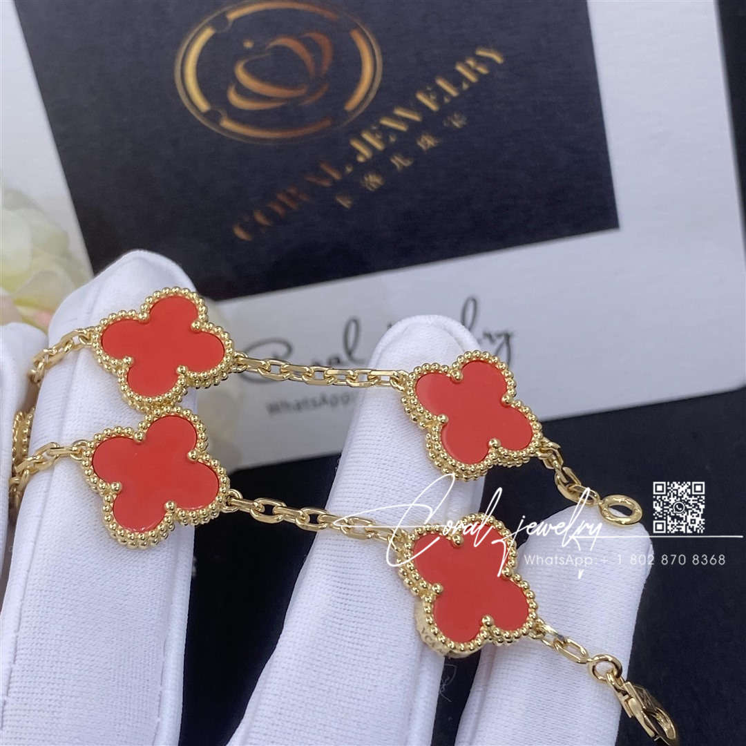 Van cleef & arpels vintage alhambra 5 motif 18k yellow gold coral bracelet (6)
