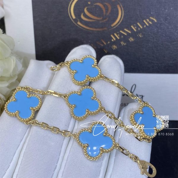 Van Cleef & Arpels Vintage Alhambra 5 Motif 18k Yellow Gold Turquoise Bracelet (1)