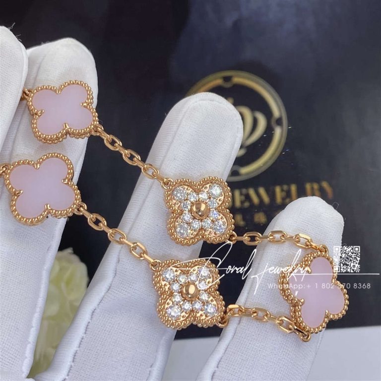 Van Cleef & Arpels Vintage Alhambra Bracelet, 5 Motifs Rose Gold, Diamond, Pink Opal (5)