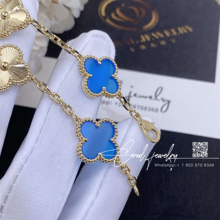 Van Cleef & Arpels Vintage Alhambra Bracelet, 5 Motifs Yellow Gold Guilloché And Blue Agate (2)