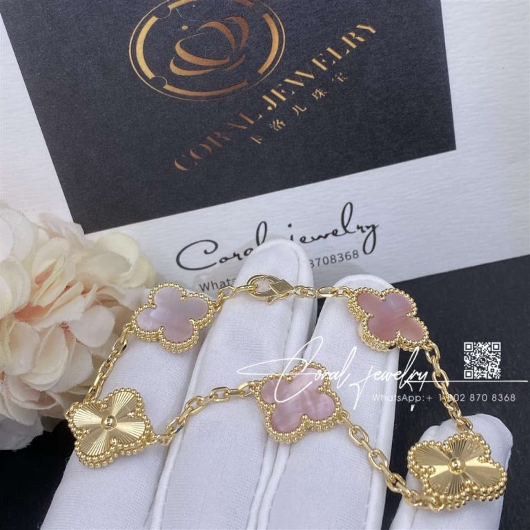 Van Cleef & Arpels Vintage Alhambra Bracelet, 5 Motifs Yellow Gold Guilloché And Pink Mother Of Pearl (7)