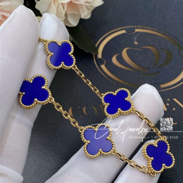 Van Cleef & Arpels Vintage Alhambra 5 Motif 18k Yellow Gold Dark Blue Agate Bracelet (4)