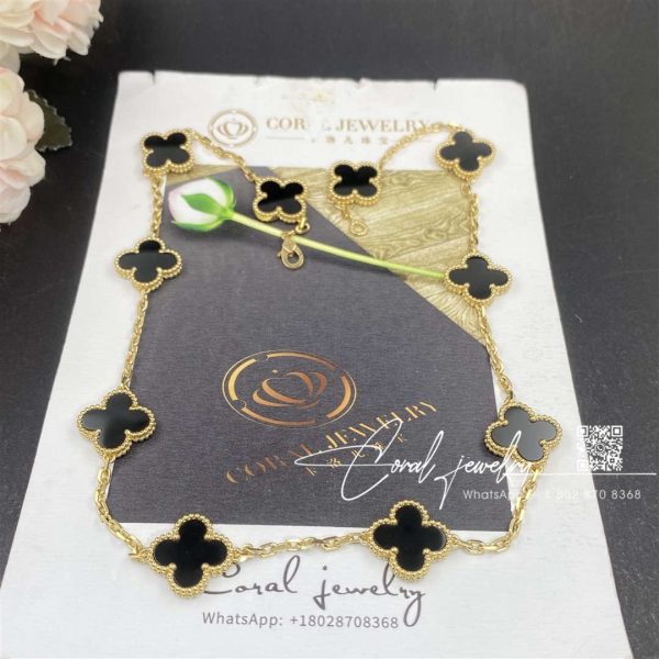 Van Cleef & Arpels Vintage Alhambra Necklace, 10 Motifs 18k Yellow Gold, Onyx Vcara42700 (3)