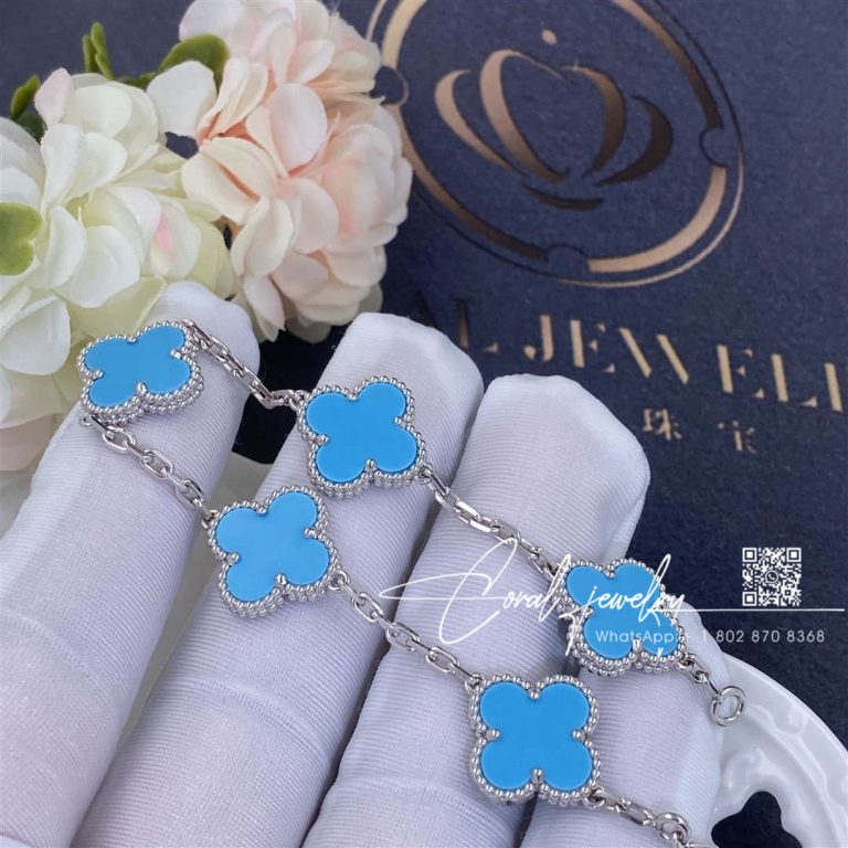 Van Cleef & Arpels Vintage Alhambra Bracelet, 5 Motifs White Gold, Turquoise (5)