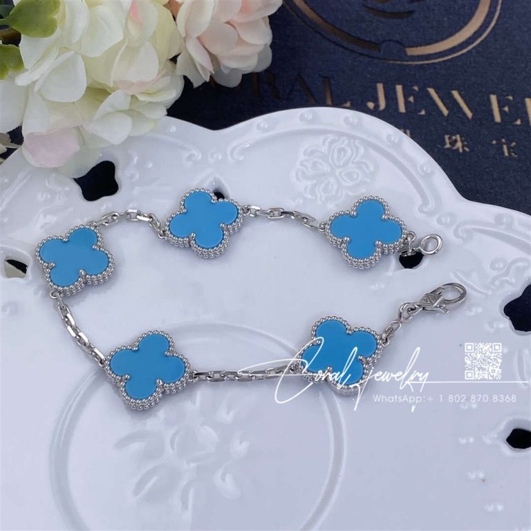 Van Cleef & Arpels Vintage Alhambra Bracelet, 5 Motifs White Gold, Turquoise (6)