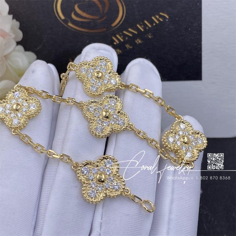 Van Cleef & Arpels Vintage Alhambra Bracelet, 5 Motifs Yellow Gold, Diamond Vcara41400 (2)