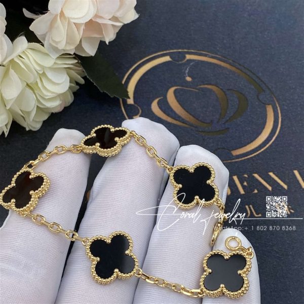 Van Cleef & Arpels Vintage Alhambra Bracelet, 5 Motifs Yellow Gold, Onyx Vcara41300 (2)