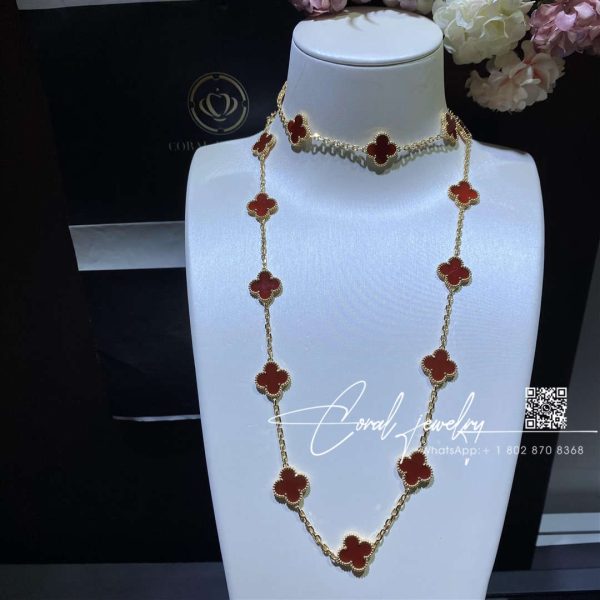 Van Cleef & Arpels Vintage Alhambra Long Necklace, 20 Motifs Yellow Gold, Carnelian Vcard39800 (9)