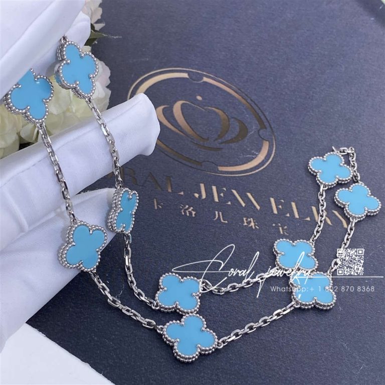 Van Cleef & Arpels Vintage Alhambra Necklace, 10 Motifs White Gold, Turquoise (1)