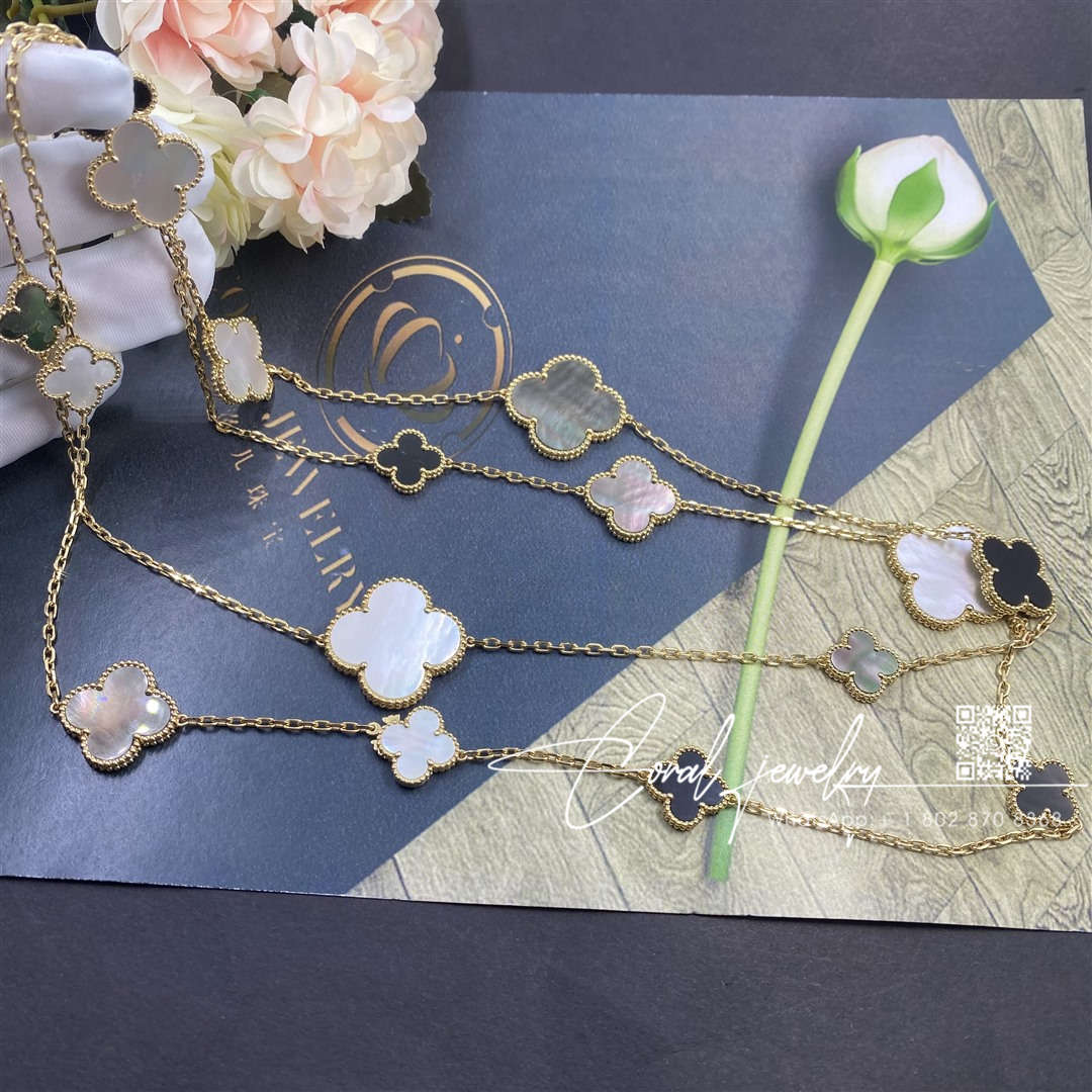 Van Cleef & Arpels Magic Alhambra Long Necklace, 16 Motifs Yellow Gold, Mother Of Pearl, Onyx Vcard79400 (3)