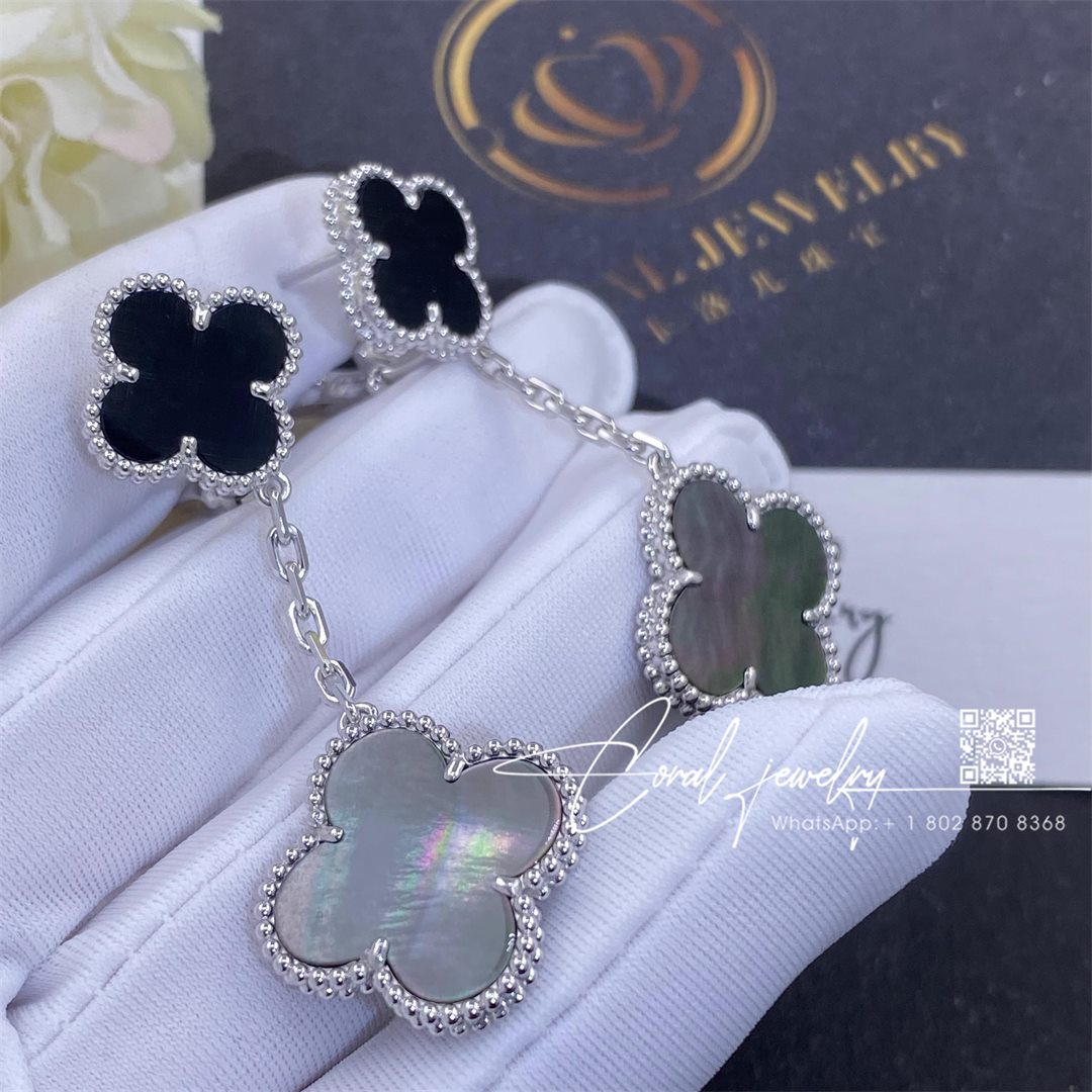 Van cleef & arpels magic alhambra earrings, 2 motifs white gold, onyx and gray mother of pearl (4)