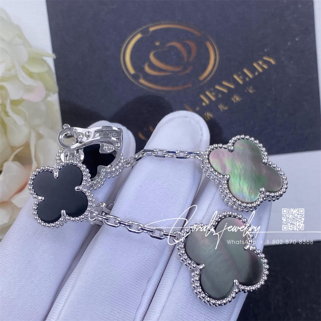 Van cleef & arpels magic alhambra earrings, 2 motifs white gold, onyx and gray mother of pearl (5)