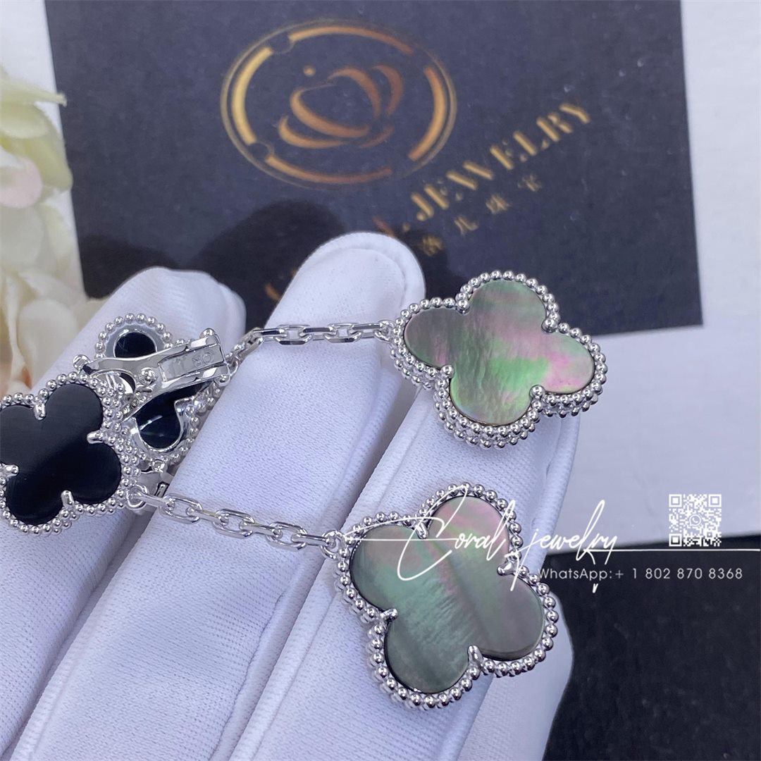 Van cleef & arpels magic alhambra earrings, 2 motifs white gold, onyx and gray mother of pearl (6)