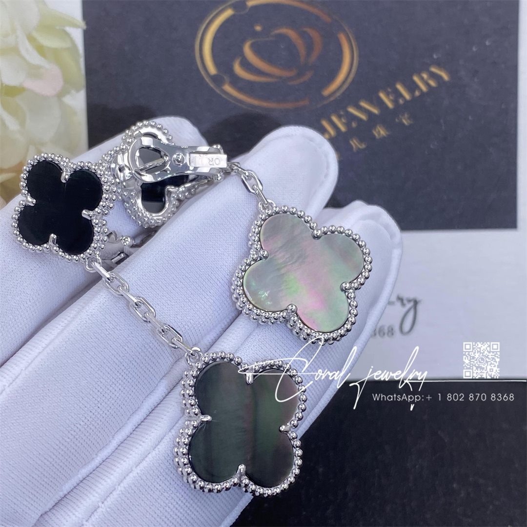 Van cleef & arpels magic alhambra earrings, 2 motifs white gold, onyx and gray mother of pearl (7)