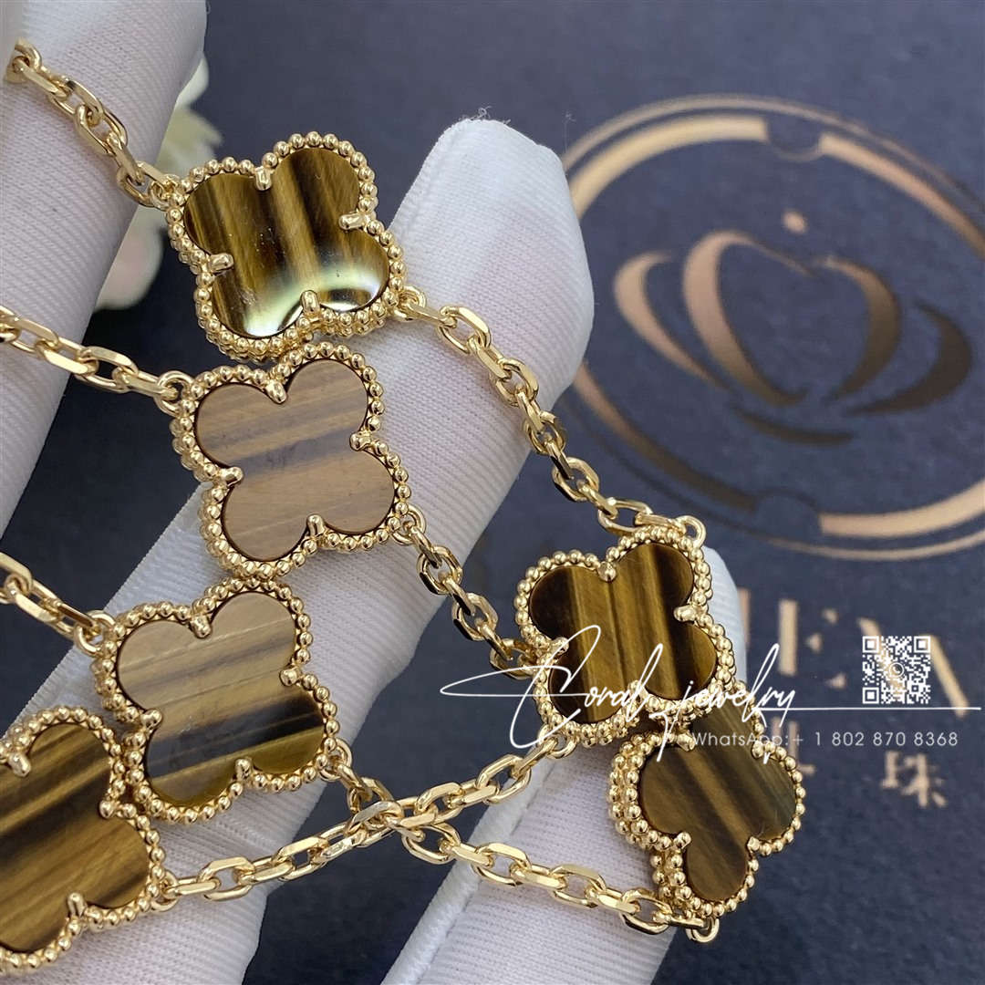 Van Cleef & Arpels Vintage Alhambra Necklace, 10 Motifs Yellow Gold, Tiger Eye Vcard40700 (7)