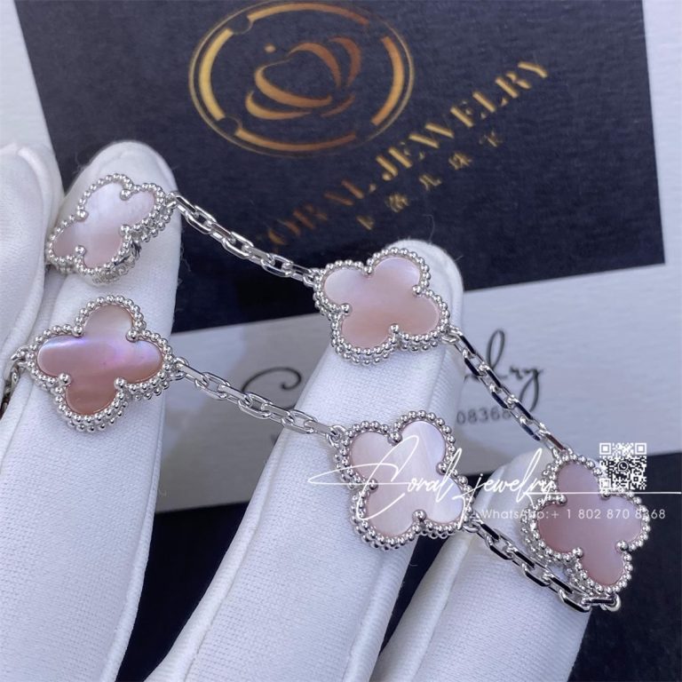 Van Cleef & Arpels Vintage Alhambra 5 Motif 18k White Gold Pink Mother Of Pearl Bracelet (1)