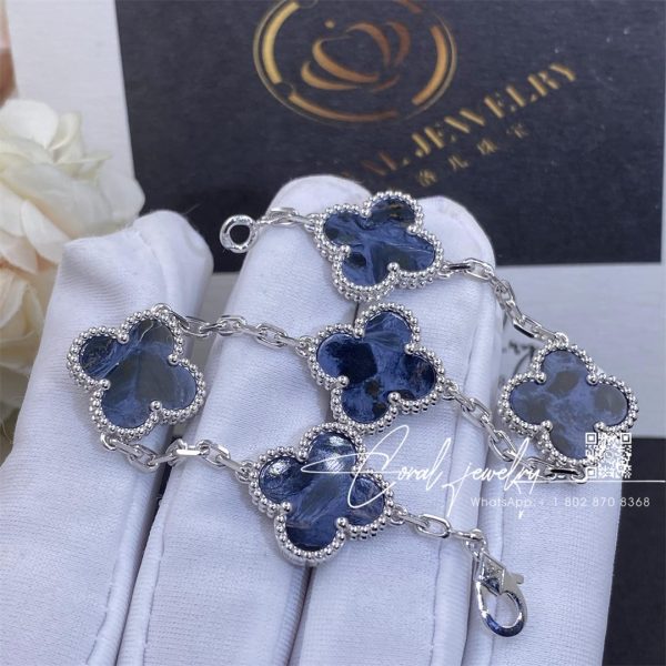 Van Cleef & Arpels Vintage Alhambra Bracelet, 5 Motifs White Gold, Pietersite (5)