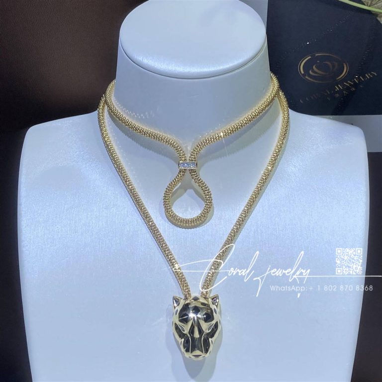 Cartier panthère de cartier necklace yellow gold, lacquer, diamonds, tsavorite garnet, onyx ref. n7408338 (12)