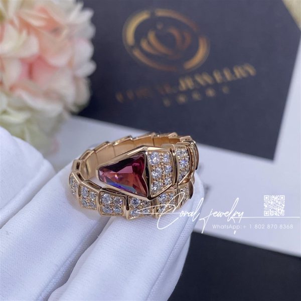 Bulgari Serpenti Viper Ring In 18 Kt Rose Gold, Set With Full Pavé Diamonds And A Rubellite On The Head (10)