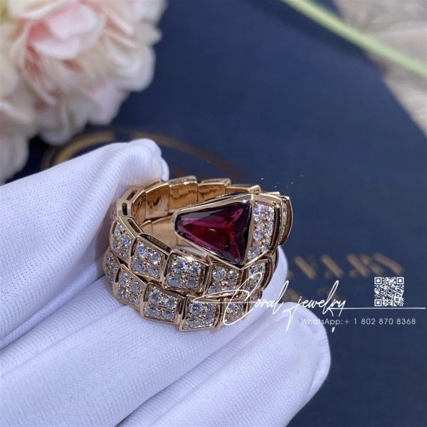 Bulgari Serpenti Viper Two Coil Ring In 18 Kt Rose Gold, Set With Full Pavé Diamonds And A Rubellite On The Head Ref. 347594 (2)