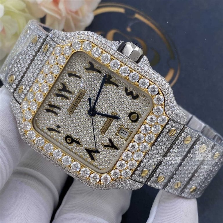 Cartier Santos Two Tone Yellow Gold 41mm Moissanite Diamond Watch 20ct Arabic Numerals (1)