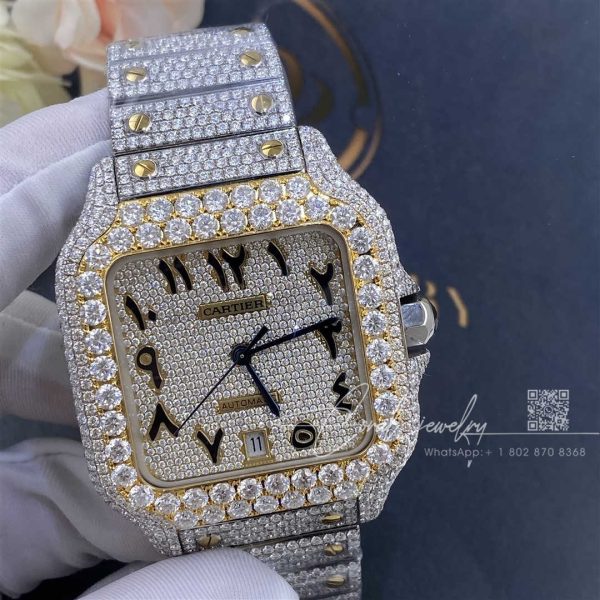 Cartier Santos Two Tone Yellow Gold 41mm Moissanite Diamond Watch 20ct Arabic Numerals (2)