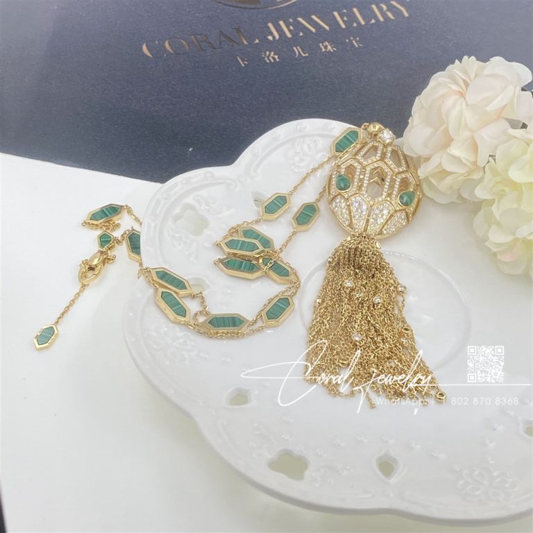 Bulgari Serpenti 18 Kt Yellow Gold Necklace With Tassel Set With A Diamond, Pavé Diamonds And Malachite Eyes Ref. 354101 (2)