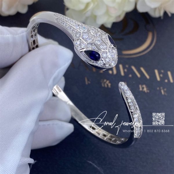 Bulgari Serpenti Bangle Bracelet In 18 Kt White Gold, Set With Blue Sapphire Eyes And Pavé Diamonds Ref. 354098 (1)