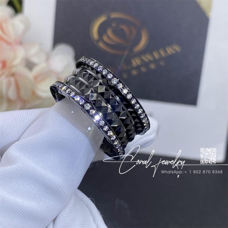 Bulgari B.zero1 Rock Four Band Ring In Black Ceramic With Studded Spiral And Pavé Diamonds On The Edges Ref. 358677 (1)