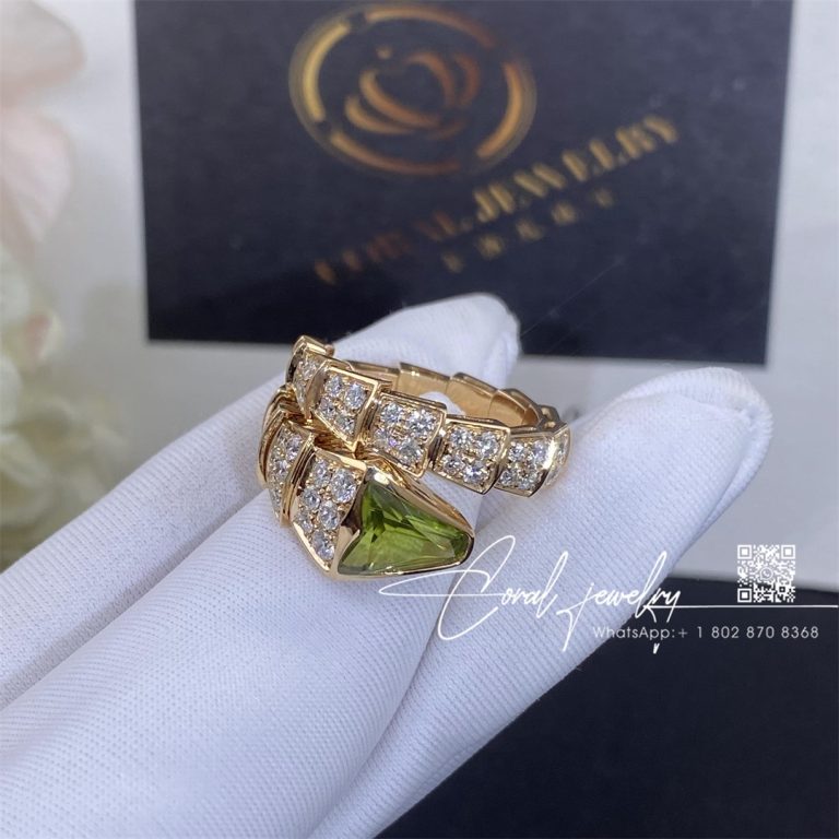 Bulgari Serpenti Viper One Coil Ring In 18 Kt Rose Gold, Set With Peridot Elements And Pavé Diamonds An856157 (2)