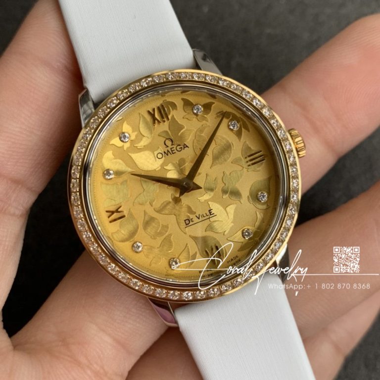 Replica Omega De Ville Prestige 32 Yellow Gold Diamond Bezel Yellow Dial 424.22.33.20.55 (1)