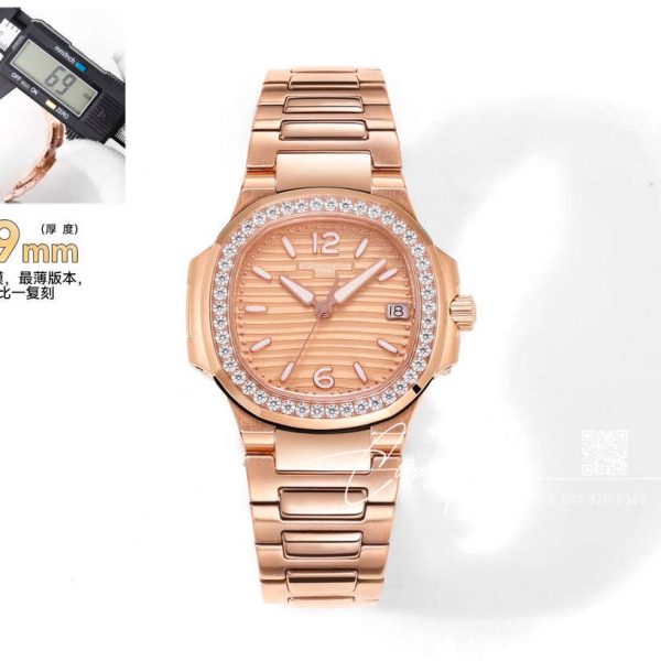 Replica Patek Philippe Nautilus Ladies 70101r 011 Grf Rg & Diamonds Rose Dial Swiss Quartz E23 250 Sc (1)