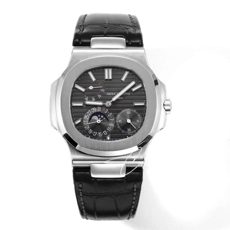 Replica Patek Philippe Nautilus Moonphase 5712 Grf Gray Dial Black Leather Strap Swiss 240 Ps (1)